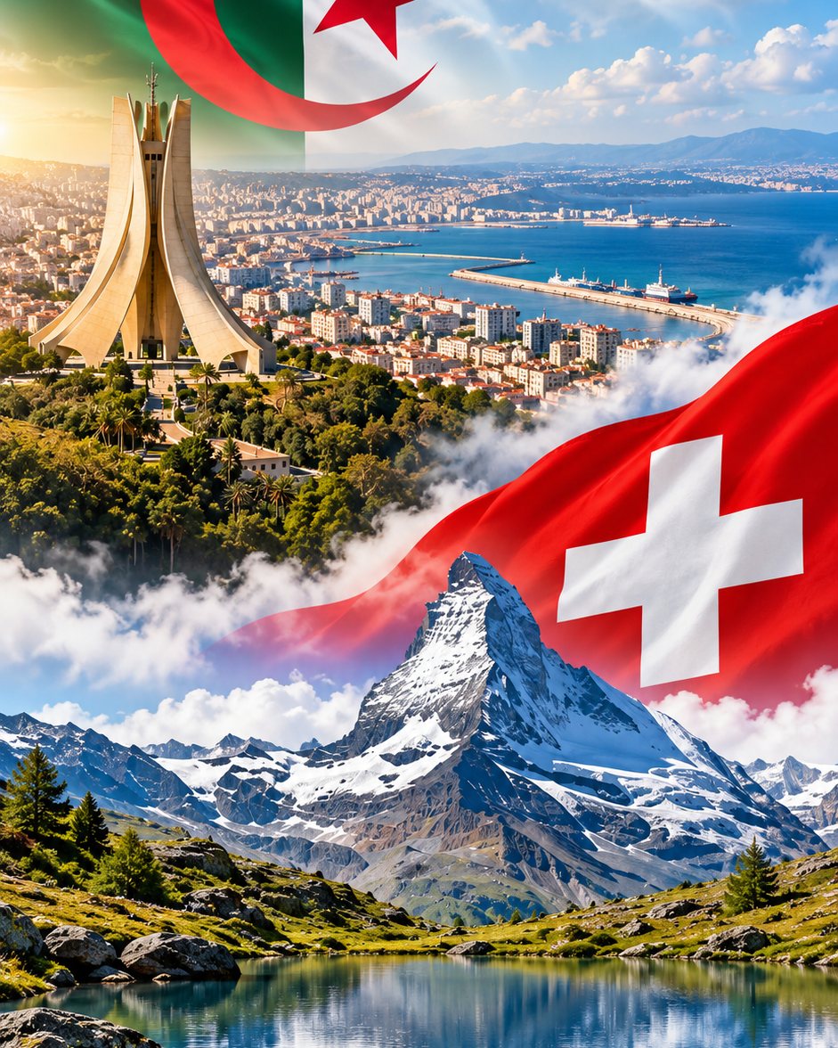 Montage des drapeaux algérien et suisse, avec Alger et les Alpes